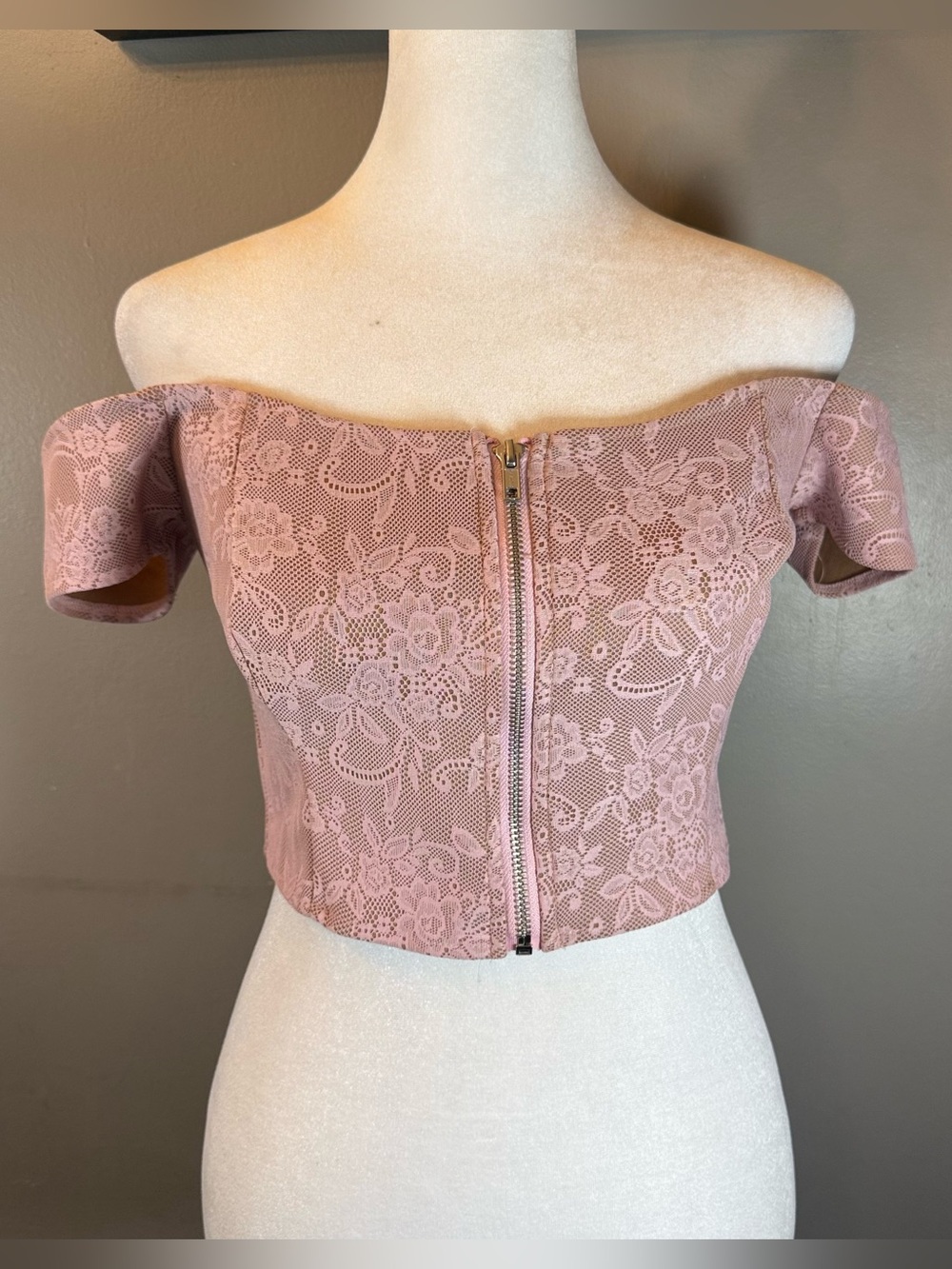 Off-Shoulder Lace Zip Front Crop Top - Dusty Rose